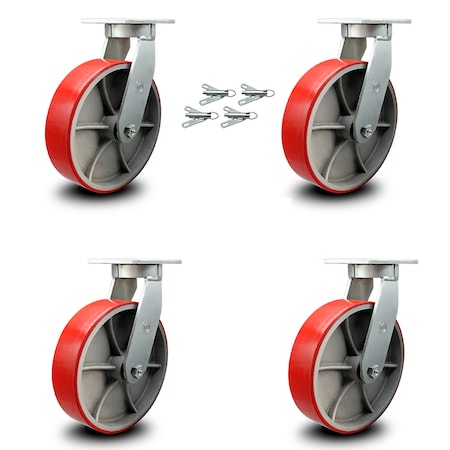 Service Caster 12 Inch Heavy Duty Red Poly on Cast Iron Caster Set with Swivel Locks, 4PK SCC-KP92S1230-PUR-RS-BSL-4